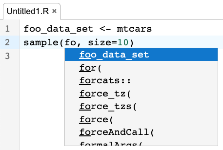 A screenshot of the editor component showing code completion results. One of the suggestions is a data set available in the global environment.