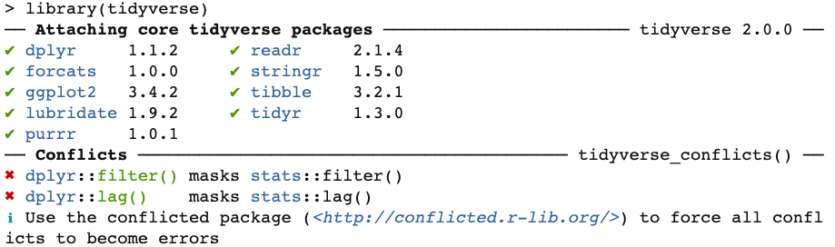An example of ANSI escape sequences in R console output while loading the tidyverse package.